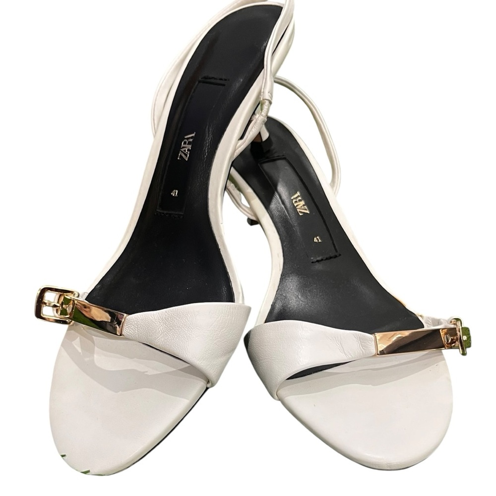 Zara White Leather Gold Accent Slingback Heels